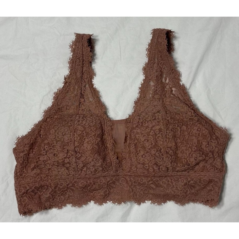 Aerie Women Eyelash Lace Plunge Bralette Padded Dusty Brown Floral Scalloped XL